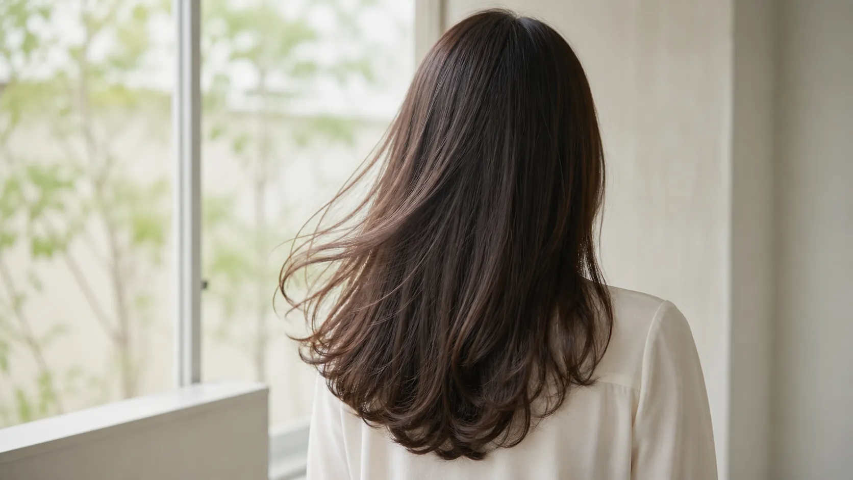 窓辺の光の中で、やわらかくまとまったロングヘアが自然に揺れる印象画像。