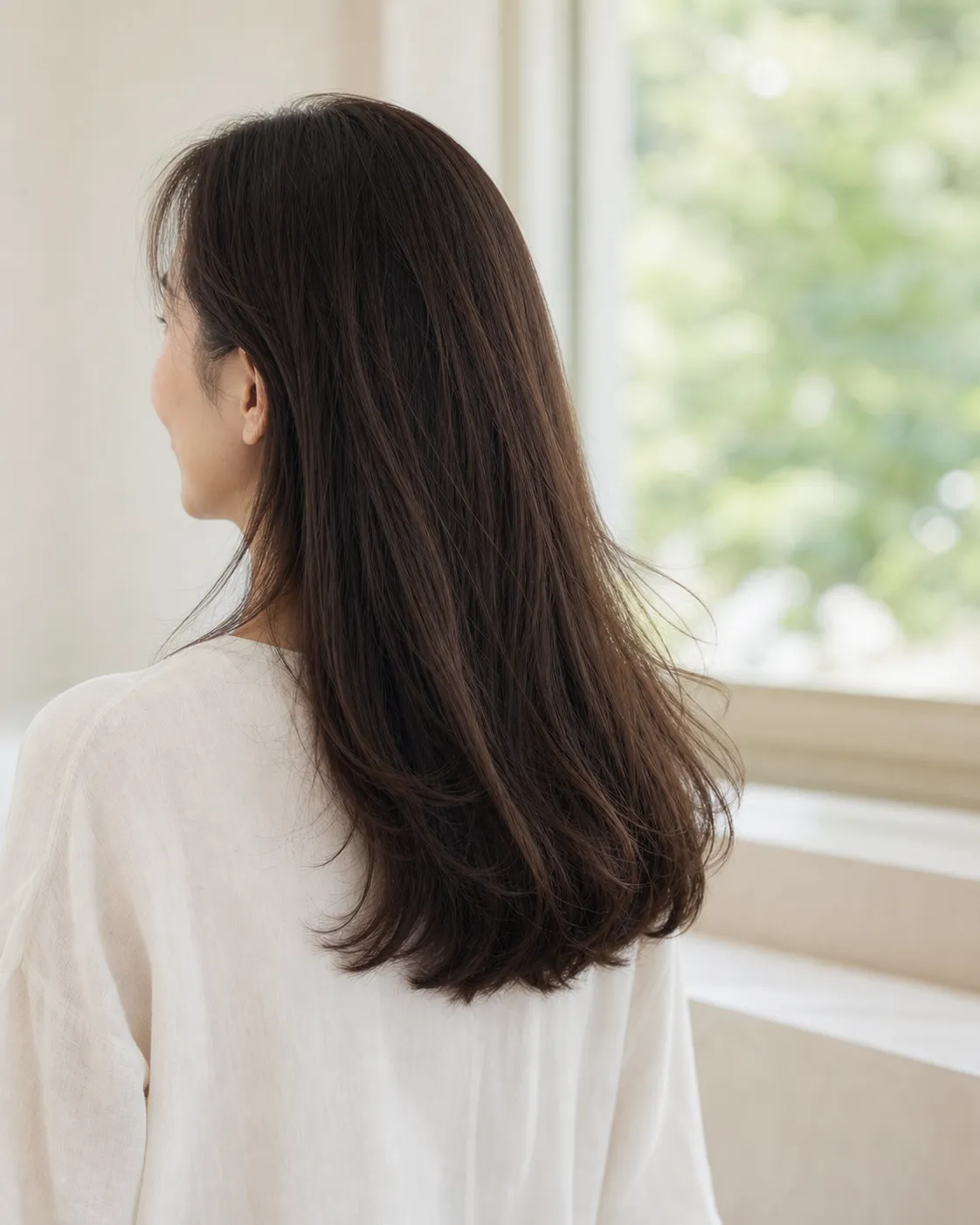 窓辺で自然にまとまったロングヘアの後ろ姿から横顔にかけての印象画像。