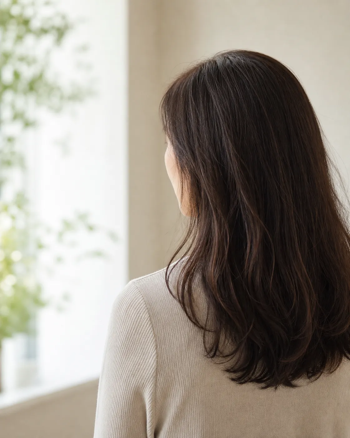 窓辺で自然な艶をたたえたロングヘアの後ろ姿の印象画像。