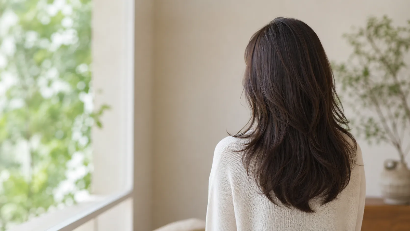 明るい窓辺で毛先までまとまったロングヘアの後ろ姿の印象画像。