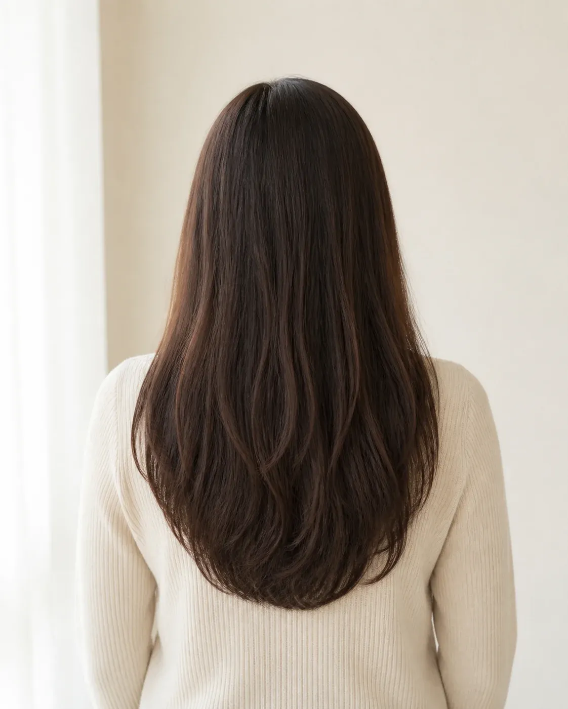 毛先が肩甲骨より下まで伸びたロングヘアの後ろ姿の印象画像。
