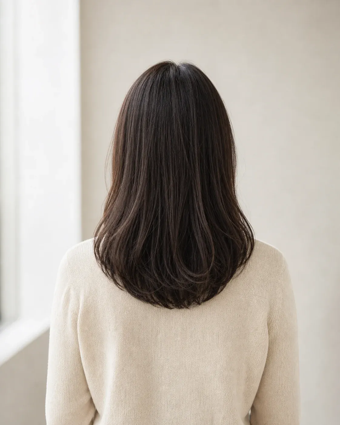 毛先が肩と肩甲骨の間まで伸びたセミロングヘアの後ろ姿の印象画像。