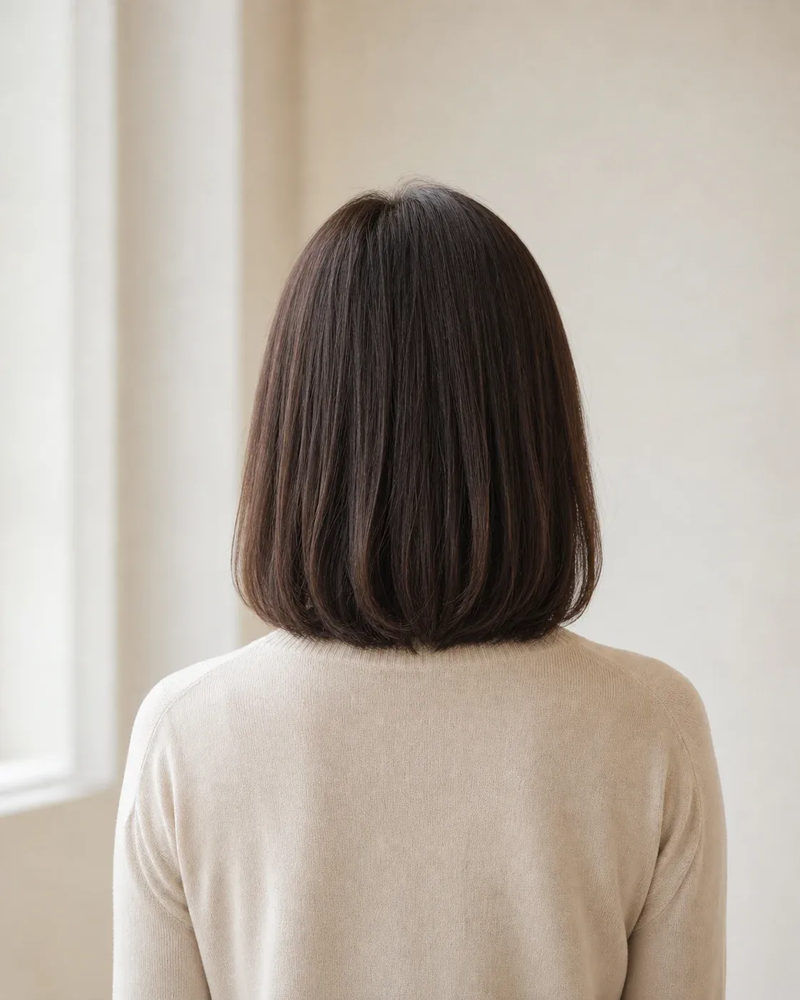 毛先が肩へ触れる長さのセミヘアの後ろ姿の印象画像。
