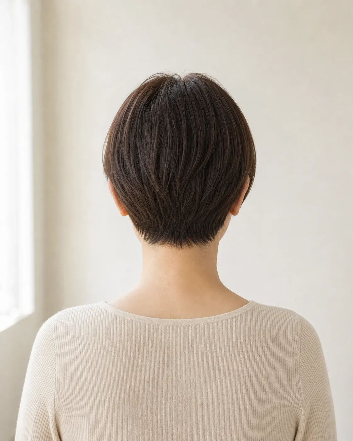 襟足と耳が見えるショートヘアの後ろ姿の印象画像。
