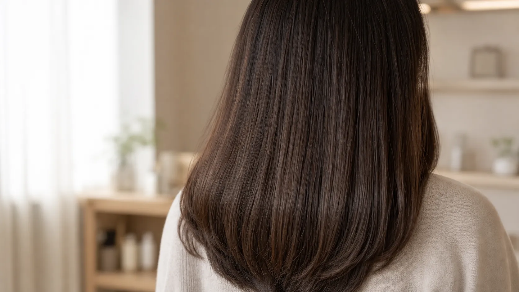 肩から毛先まで艶の筋が通ったダークブラウンのストレートヘアの印象画像。
